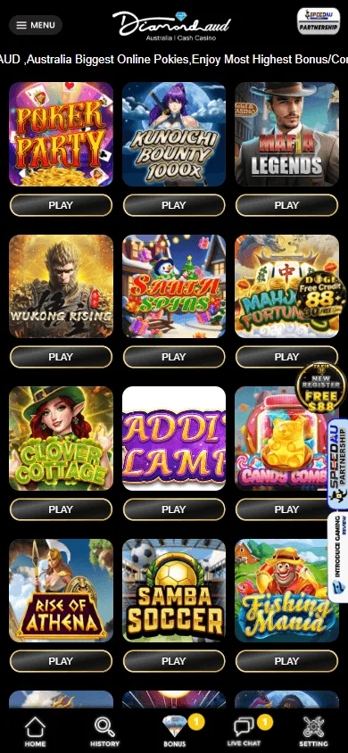 DiamondAUD Casino mobile game library with pokies and casino categories