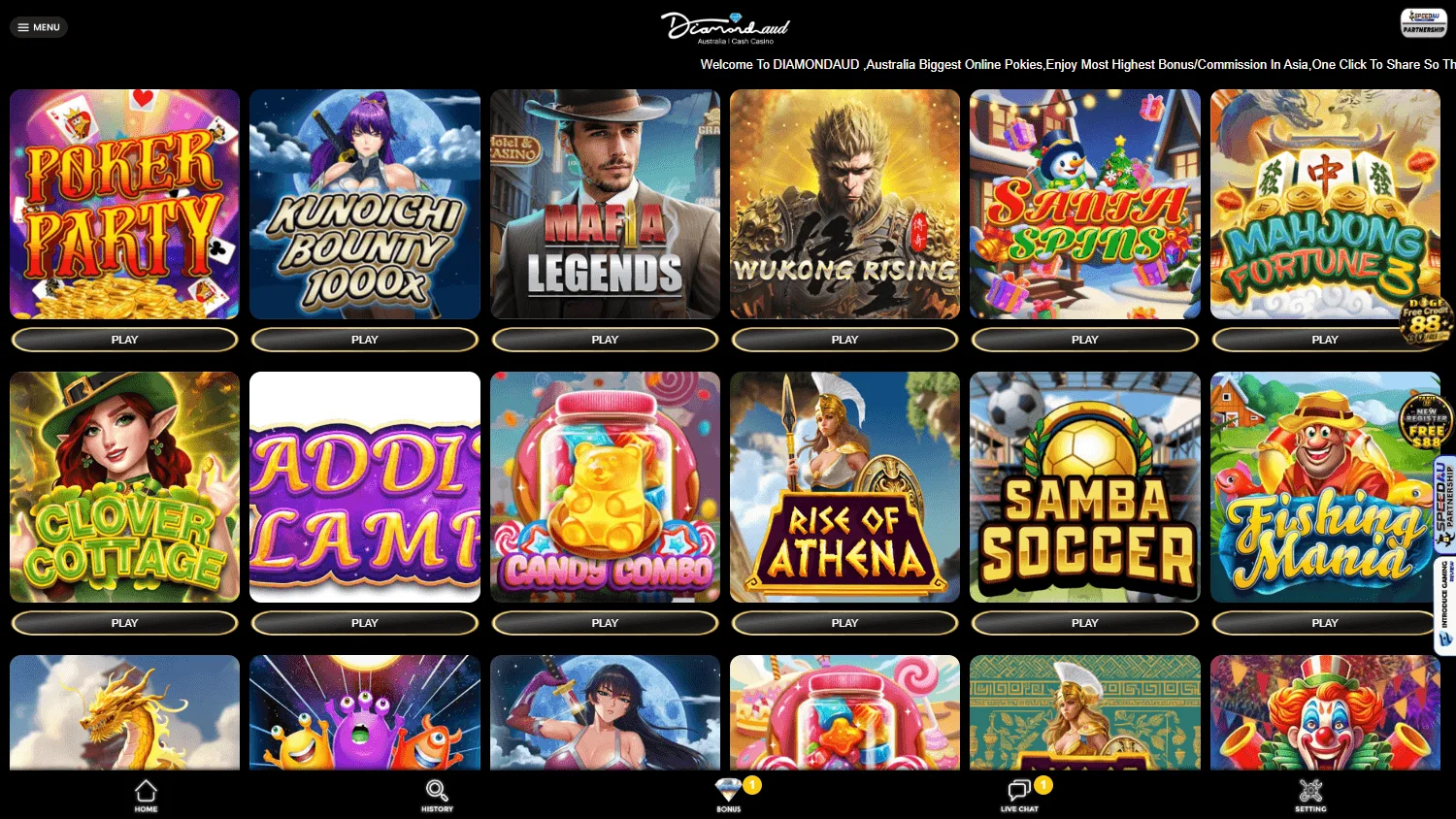 DiamondAUD Casino desktop game library with pokies and casino categories