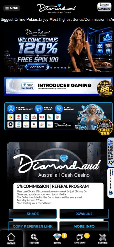 DiamondAUD Casino mobile home experience for iOS and Android browsers