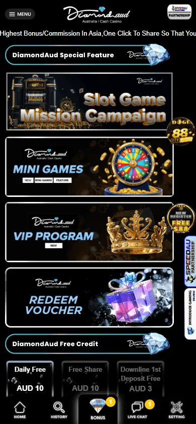 DiamondAUD Casino mobile promotions area with recurring credits and rewards