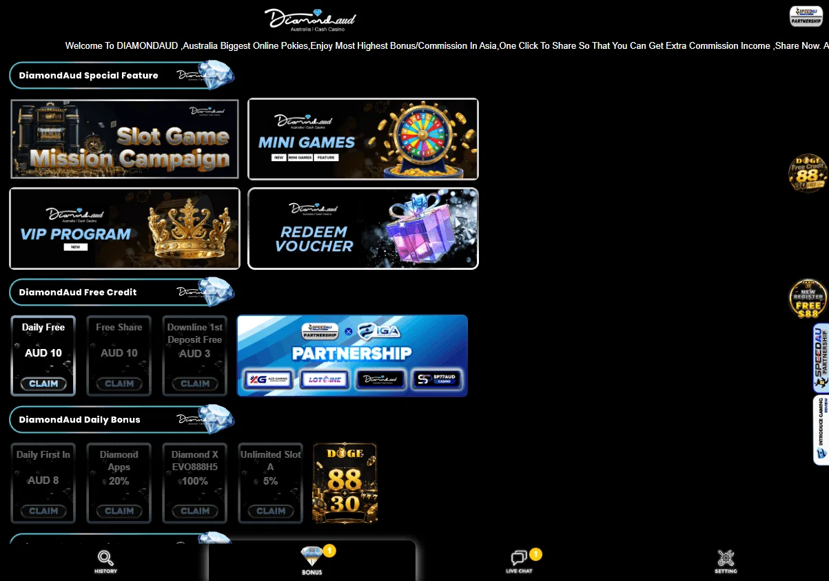 DiamondAUD Casino desktop promotions area with sign-up and returning-player offers